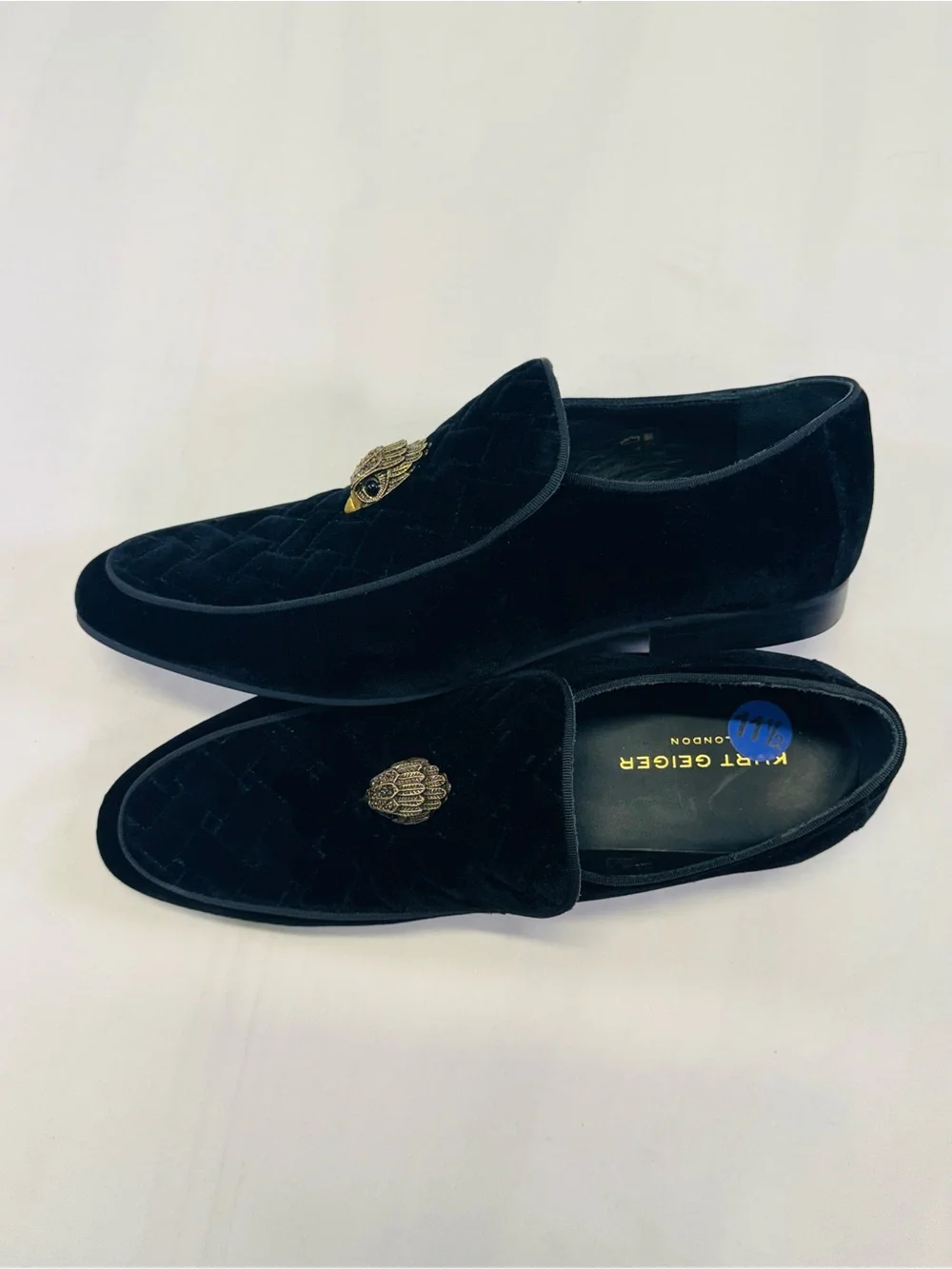 Kurt Geiger Black Velvet Slip-On Loafers with Gold Bird Emblem